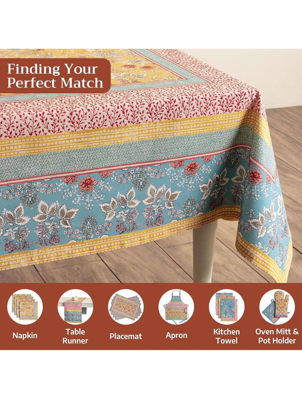 Multicolor Floral Patchwork Tablecloth — Blue, Yellow & Pink - Picture 3 of 8